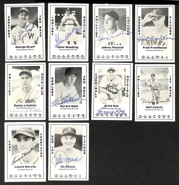 Lot of (33) Signed Old Timer Reprint Cards inc. Leo Durocher, Rick Ferrell, (2) Bobby Doerr, Bobby Shantz, + (Beckett BAS Reviewed)