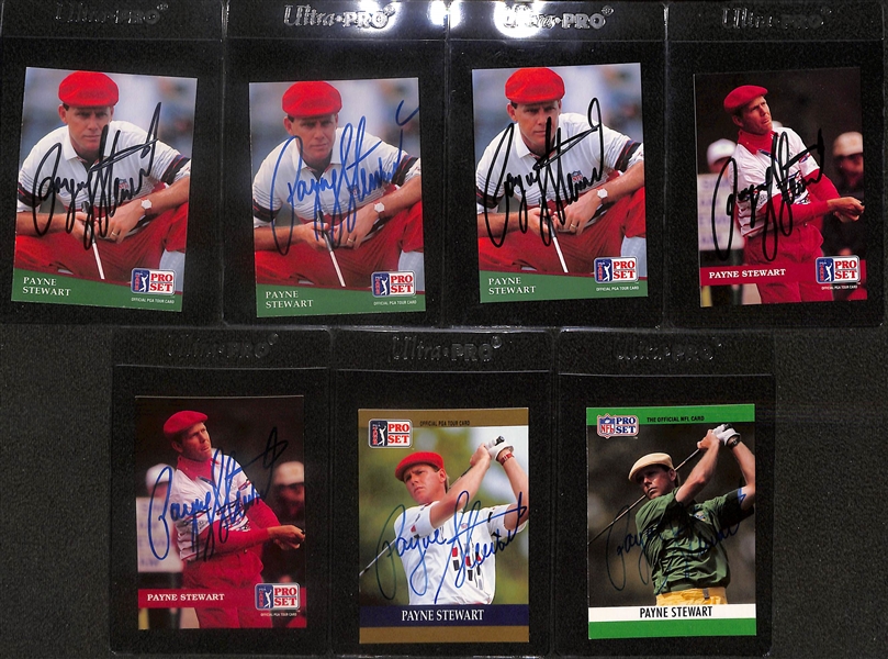 Lot of (7) Signed Payne Stewart Cards- (3) 1991 Pro Set, (2) 1992 Pro Set, 1990 Pro Set, 1990 Pro Set Special (Beckett BAS Reviewed)