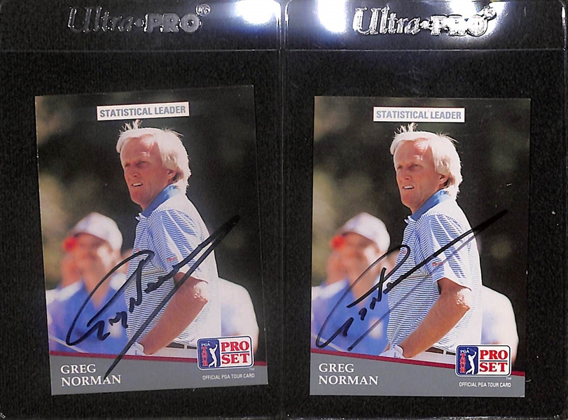 Lot of (5) Signed Greg Norman Cards- (2) 1991 Pro Set, 1992 Pro Set, (2) 1991 Pro Set - (Beckett BAS Reviewed)