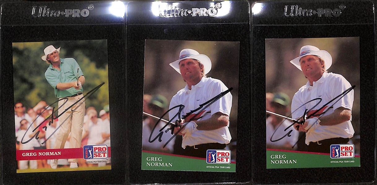 Lot of (5) Signed Greg Norman Cards- (2) 1991 Pro Set, 1992 Pro Set, (2) 1991 Pro Set - (Beckett BAS Reviewed)