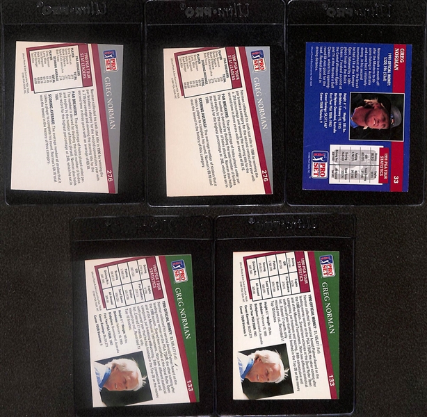 Lot of (5) Signed Greg Norman Cards- (2) 1991 Pro Set, 1992 Pro Set, (2) 1991 Pro Set - (Beckett BAS Reviewed)