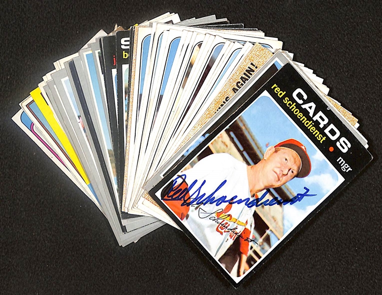 Lot of (51) Signed 1970s Cards inc. Red Schoendienst, (3) Matty Alou, Jim Lonborg, Tom House, Jim Kaat, + (Beckett BAS Reviewed)