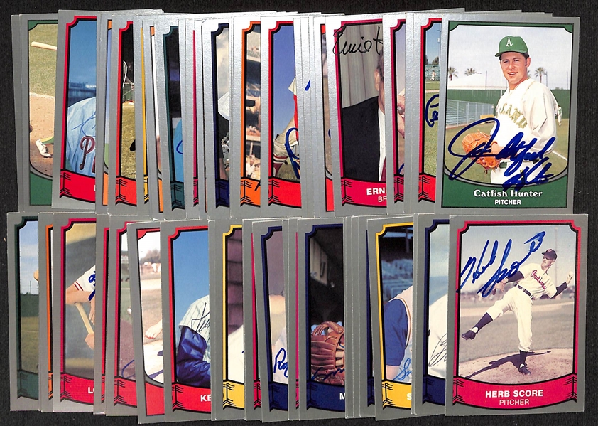 Lot of (60+) Signed 1980-90 Pacific Baseball Cards inc. Catfish Hunter, Leo Durocher, Sparky Anderson, Enos Slaughter, + (Beckett BAS Reviewed)