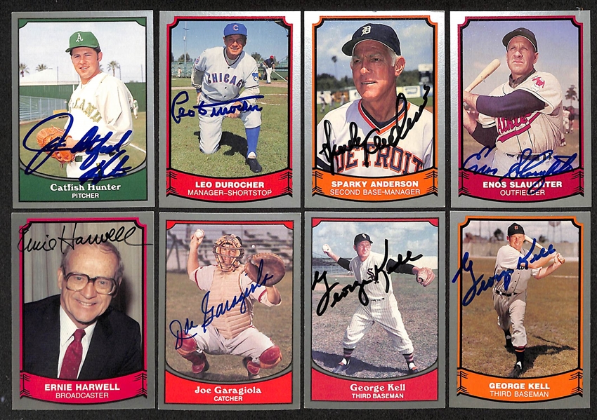 Lot of (60+) Signed 1980-90 Pacific Baseball Cards inc. Catfish Hunter, Leo Durocher, Sparky Anderson, Enos Slaughter, + (Beckett BAS Reviewed)