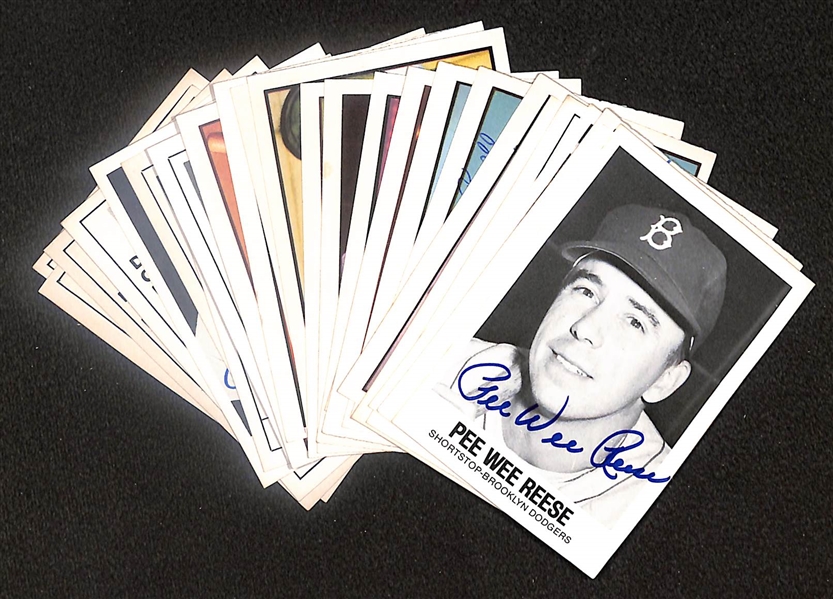 Lot of (25) Signed Old Timer Reprint Cards inc. Pee Wee Reese, Warren Spahn, Bob Feller, Bobby Thomson, Joe Black, + (Beckett BAS Reviewed)