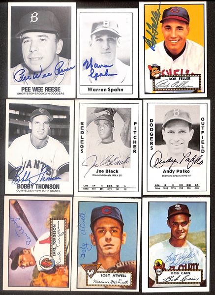 Lot of (25) Signed Old Timer Reprint Cards inc. Pee Wee Reese, Warren Spahn, Bob Feller, Bobby Thomson, Joe Black, + (Beckett BAS Reviewed)