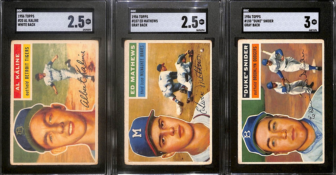 Lot of (3) SGC Graded 1956 Topps Cards- Al Kaline White Back (SGC 2.5), Ed Mathews Gray Back (SGC 2.5), Duke Snider Gray Back (SGC 3)