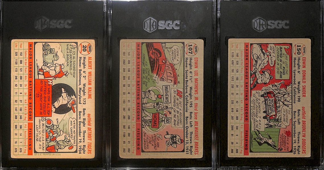 Lot of (3) SGC Graded 1956 Topps Cards- Al Kaline White Back (SGC 2.5), Ed Mathews Gray Back (SGC 2.5), Duke Snider Gray Back (SGC 3)