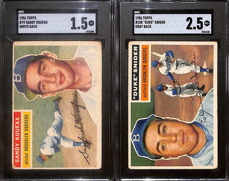 Lot of (2) SGC Graded 1956 Topps Cards- Sandy Koufax White Back (SGC 1.5), Duke Snider Gray Back (SGC 2.5)