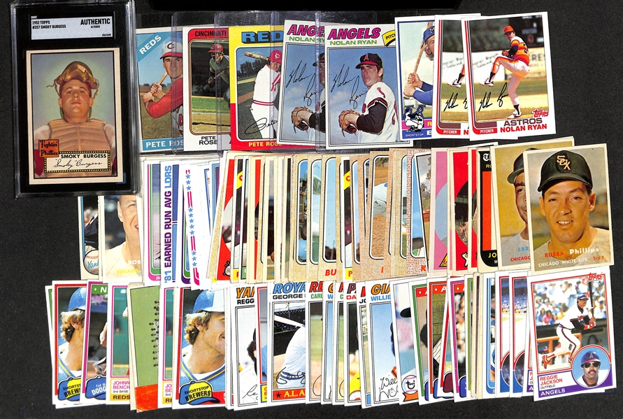  Lot of Approx (100) 1952-1983 Topps Baseball Cards w. 1952 Topps Smoky Burgess SGC Auth & 1966 Pete Rose