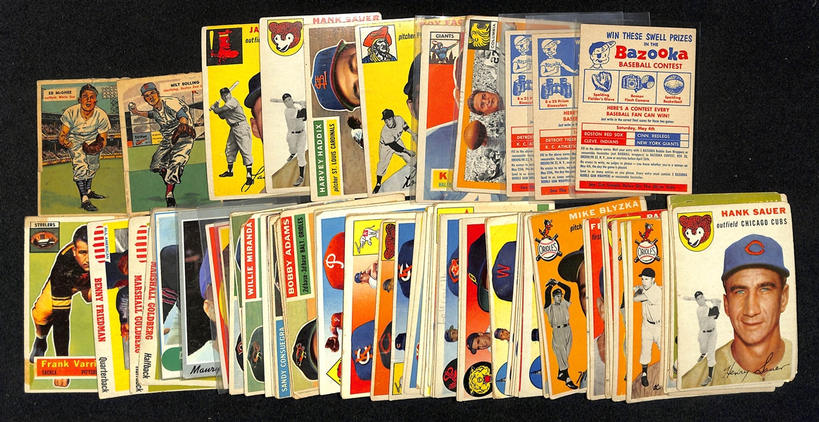 Lot of (60) 1954-1956 Topps Baseball Cards w. (3) 1957 Bazooka Contest Cards & (2) 1955 Topps Double Headers