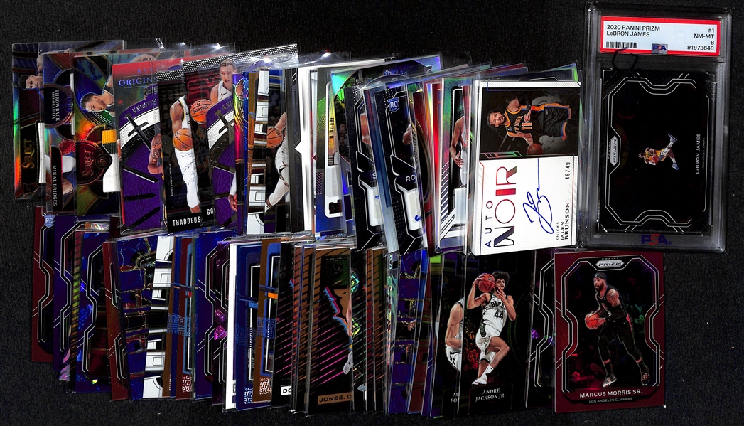 Lot of (75+) Basketball Cards inc PSA 8 Lebron James Kobe Tribute, (22) Autographs - 2022-23 Noir Jalen Brunson (#/49), 2020-21 Prizm Obi Toppin Rookie, 2019-20 Contenders Optic Jaren Jackson Jr...