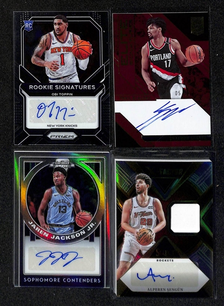 Lot of (75+) Basketball Cards inc PSA 8 Lebron James Kobe Tribute, (22) Autographs - 2022-23 Noir Jalen Brunson (#/49), 2020-21 Prizm Obi Toppin Rookie, 2019-20 Contenders Optic Jaren Jackson Jr...