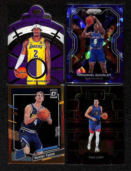 Lot of (75+) Basketball Cards inc PSA 8 Lebron James Kobe Tribute, (22) Autographs - 2022-23 Noir Jalen Brunson (#/49), 2020-21 Prizm Obi Toppin Rookie, 2019-20 Contenders Optic Jaren Jackson Jr...