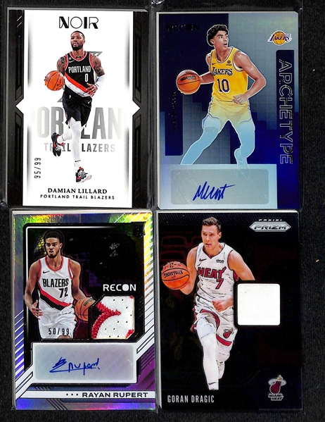 Lot of (75+) Basketball Cards inc PSA 8 Lebron James Kobe Tribute, (22) Autographs - 2022-23 Noir Jalen Brunson (#/49), 2020-21 Prizm Obi Toppin Rookie, 2019-20 Contenders Optic Jaren Jackson Jr...