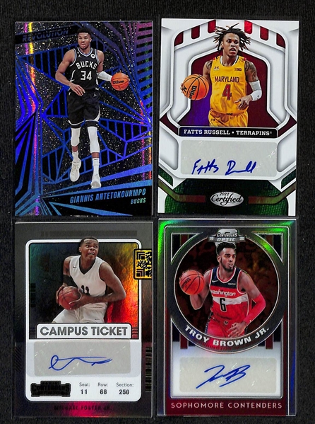 Lot of (75+) Basketball Cards inc PSA 8 Lebron James Kobe Tribute, (22) Autographs - 2022-23 Noir Jalen Brunson (#/49), 2020-21 Prizm Obi Toppin Rookie, 2019-20 Contenders Optic Jaren Jackson Jr...