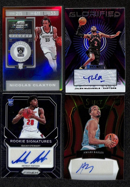 Lot of (75+) Basketball Cards inc PSA 8 Lebron James Kobe Tribute, (22) Autographs - 2022-23 Noir Jalen Brunson (#/49), 2020-21 Prizm Obi Toppin Rookie, 2019-20 Contenders Optic Jaren Jackson Jr...