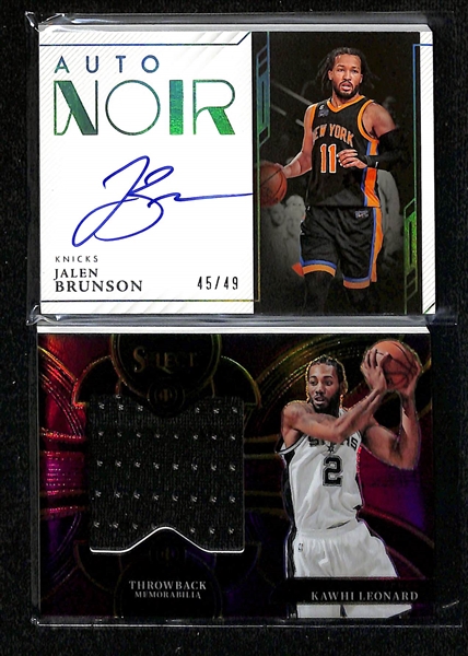 Lot of (75+) Basketball Cards inc PSA 8 Lebron James Kobe Tribute, (22) Autographs - 2022-23 Noir Jalen Brunson (#/49), 2020-21 Prizm Obi Toppin Rookie, 2019-20 Contenders Optic Jaren Jackson Jr...