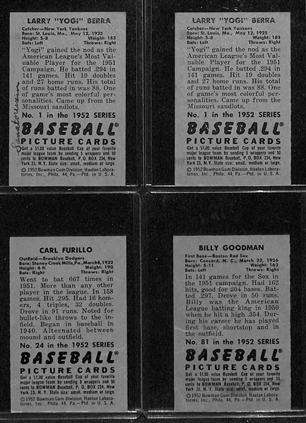 Lot of (4) Low Grade 1952 Bowman Cards w. (2) Yogi Berra, Carl Furillo, & Billy Goodman