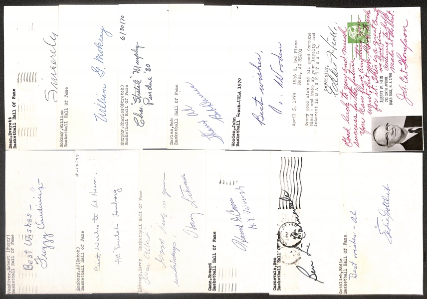 Lot of (13) Signed Basketball Hall of Famer Index Cards inc. Cat Thompson, John Wooden, Eddie Hickey, Bob Davies, + (Beckett BAS Reviewed)