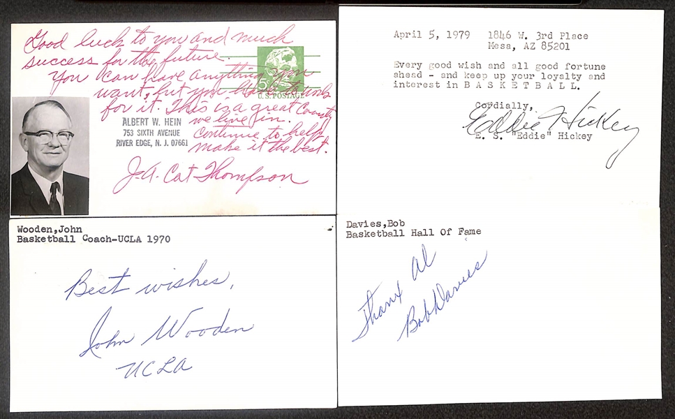 Lot of (13) Signed Basketball Hall of Famer Index Cards inc. Cat Thompson, John Wooden, Eddie Hickey, Bob Davies, + (Beckett BAS Reviewed)