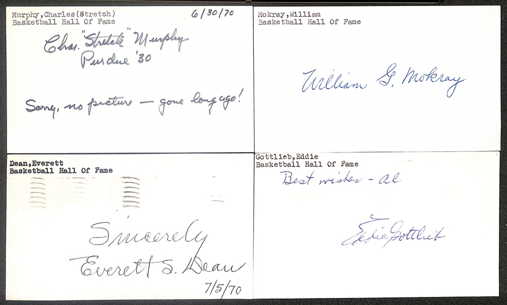 Lot of (13) Signed Basketball Hall of Famer Index Cards inc. Cat Thompson, John Wooden, Eddie Hickey, Bob Davies, + (Beckett BAS Reviewed)