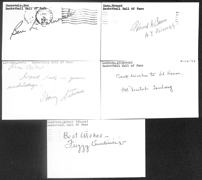 Lot of (13) Signed Basketball Hall of Famer Index Cards inc. Cat Thompson, John Wooden, Eddie Hickey, Bob Davies, + (Beckett BAS Reviewed)