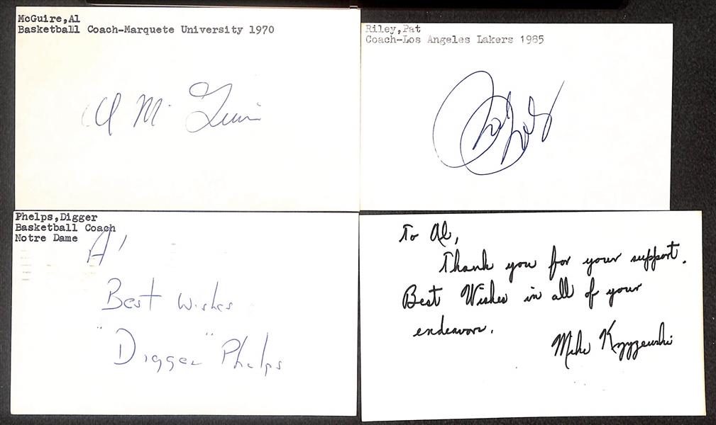 Lot of (150+) Signed Basketball Coach Index Cards inc, Al McGwire, Pat Riley, Digger Phelps, Mike Krzyzewski, Jerry Colangelo, + (Beckett BAS Reviewed)