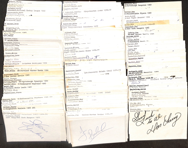 Lot of (400+) Signed Hockey Index Cards inc. Don Cherry, Dave Taylor, Bob Clarke, Chris Osgood, Rob Niedermayer, + (Beckett BAS Reviewed)