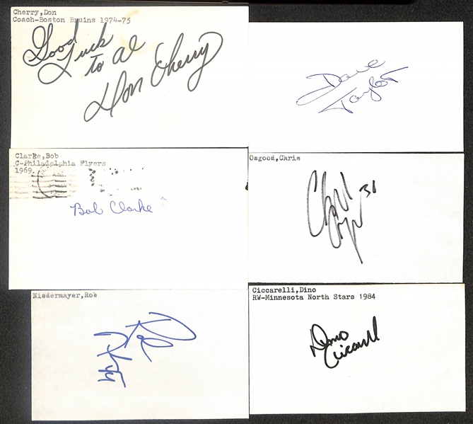 Lot of (400+) Signed Hockey Index Cards inc. Don Cherry, Dave Taylor, Bob Clarke, Chris Osgood, Rob Niedermayer, + (Beckett BAS Reviewed)