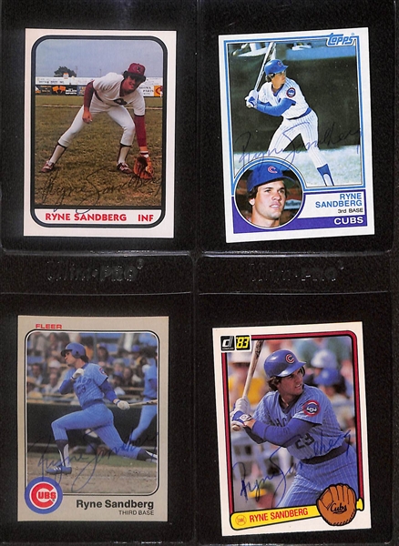 Lot of (4) Signed Ryne Sandberg Rookie Cards- 1981 Oklahoma City 89ers, 1983 Topps, 1983 Fleer, 1983 Donruss (Beckett BAS Reviewed)