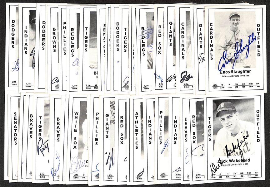 Lot of (51) Signed 1979 TCMA Diamond Greats Cards inc. Enos Slaughter, Travis Jackson, Dom DiMaggio, Joe Garagiola, Bill Terry, + (Beckett BAS Reviewed)