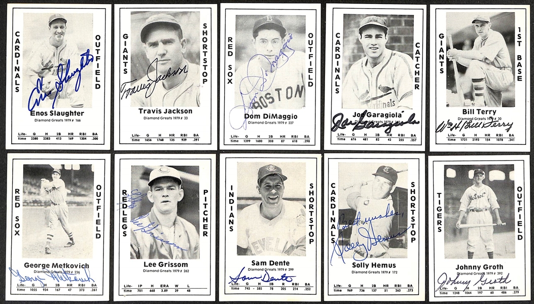 Lot of (51) Signed 1979 TCMA Diamond Greats Cards inc. Enos Slaughter, Travis Jackson, Dom DiMaggio, Joe Garagiola, Bill Terry, + (Beckett BAS Reviewed)