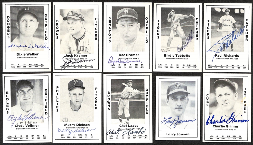 Lot of (51) Signed 1979 TCMA Diamond Greats Cards inc. Enos Slaughter, Travis Jackson, Dom DiMaggio, Joe Garagiola, Bill Terry, + (Beckett BAS Reviewed)