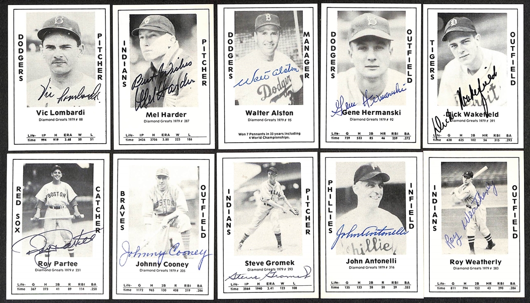 Lot of (51) Signed 1979 TCMA Diamond Greats Cards inc. Enos Slaughter, Travis Jackson, Dom DiMaggio, Joe Garagiola, Bill Terry, + (Beckett BAS Reviewed)