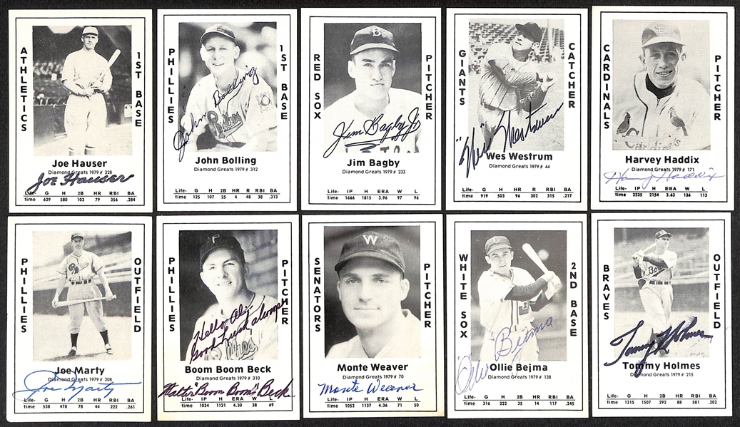 Lot of (51) Signed 1979 TCMA Diamond Greats Cards inc. Enos Slaughter, Travis Jackson, Dom DiMaggio, Joe Garagiola, Bill Terry, + (Beckett BAS Reviewed)