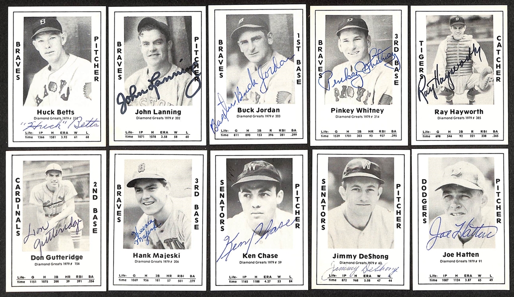 Lot of (51) Signed 1979 TCMA Diamond Greats Cards inc. Enos Slaughter, Travis Jackson, Dom DiMaggio, Joe Garagiola, Bill Terry, + (Beckett BAS Reviewed)