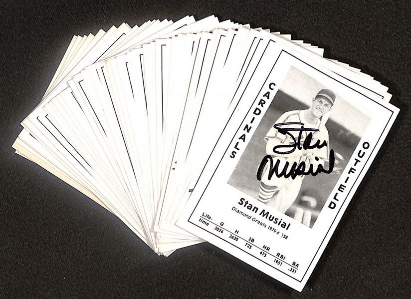 Lot of (52) Signed 1979 TCMA Diamond Greats Cards inc. Stan Musial, Edd Roush, Ed Lopat, Bob Dillinger, Bobby Brown, Andy Seminick, + (Beckett BAS Reviewed)