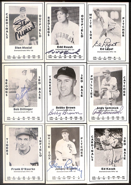 Lot of (52) Signed 1979 TCMA Diamond Greats Cards inc. Stan Musial, Edd Roush, Ed Lopat, Bob Dillinger, Bobby Brown, Andy Seminick, + (Beckett BAS Reviewed)