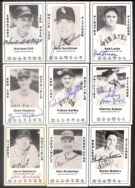 Lot of (52) Signed 1979 TCMA Diamond Greats Cards inc. Stan Musial, Edd Roush, Ed Lopat, Bob Dillinger, Bobby Brown, Andy Seminick, + (Beckett BAS Reviewed)