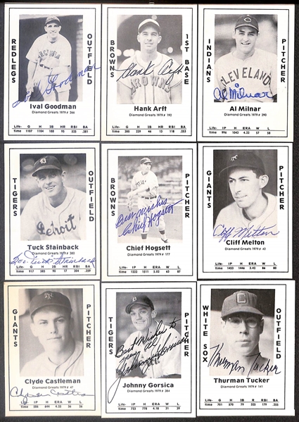 Lot of (52) Signed 1979 TCMA Diamond Greats Cards inc. Stan Musial, Edd Roush, Ed Lopat, Bob Dillinger, Bobby Brown, Andy Seminick, + (Beckett BAS Reviewed)