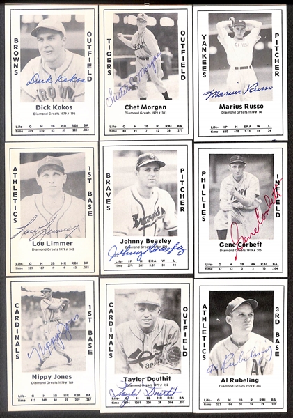 Lot of (52) Signed 1979 TCMA Diamond Greats Cards inc. Stan Musial, Edd Roush, Ed Lopat, Bob Dillinger, Bobby Brown, Andy Seminick, + (Beckett BAS Reviewed)