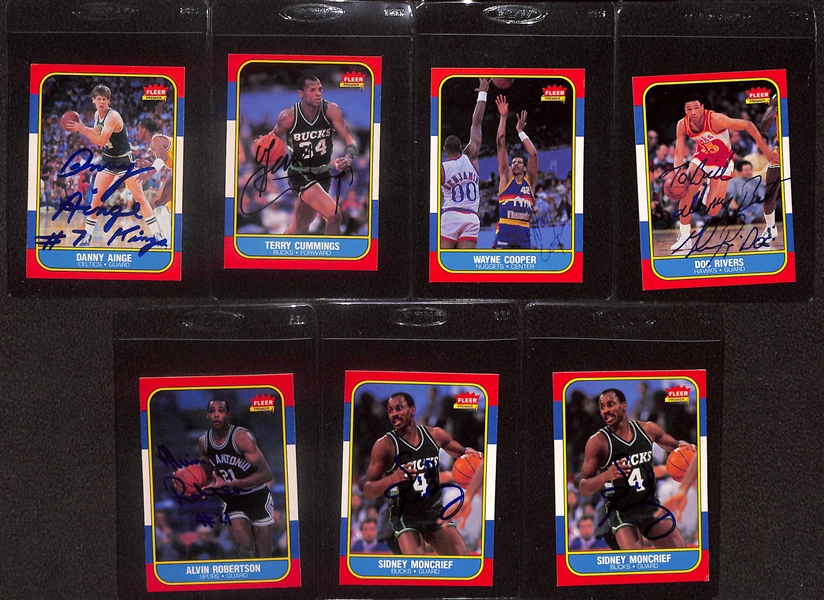 Lot of (7) Signed 1986-87 Fleer Basketball Cards- Danny Ainge, Terry Cummings, Wayne Cooper, Doc Rivers, Alvin Robinson, (2) Sidney Moncrief (Beckett BAS Reviewed)