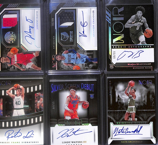 Lot of (20) 2022-23 Panini Noir Basketball Cards inc. Johnny Davis Rookie Patch Autograph (#/99), Kennedy Chandler Rookie Patch Autograph (#/99), +