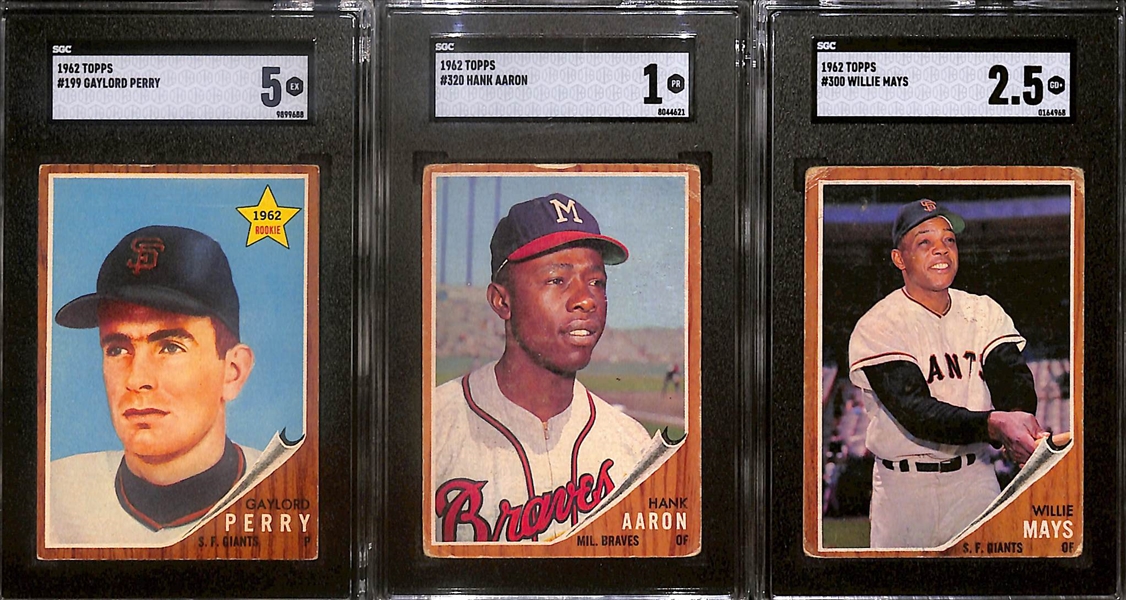 1962 Topps SGC Graded Cards- Gaylord Perry Rookie (SGC 5), Hank Aaron (SGC 1), Willie Mays (SGC 2.5)