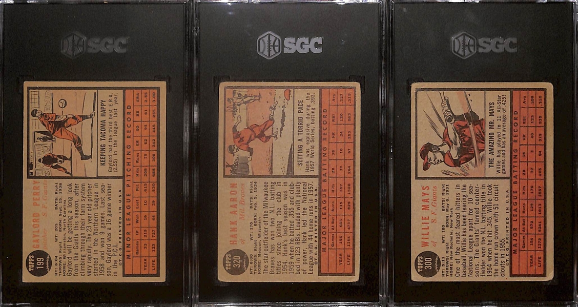 1962 Topps SGC Graded Cards- Gaylord Perry Rookie (SGC 5), Hank Aaron (SGC 1), Willie Mays (SGC 2.5)