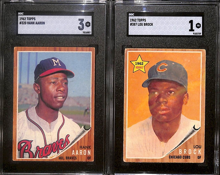 Lot of (2) SGC Graded 1962 Topps Cards- Hank Aaron (SGC 3), Lou Brock Rookie (SGC 1)