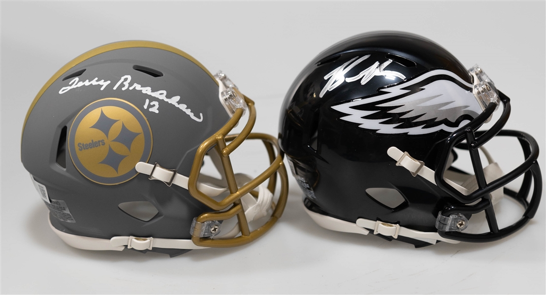 Lot of (2) Autographed/Signed Mini Replica Speed Helmets inc. Terry Bradshaw Steelers & Brandon Graham Eagles w. Beckett/BAS Witnessed Sticker of Authenticity!