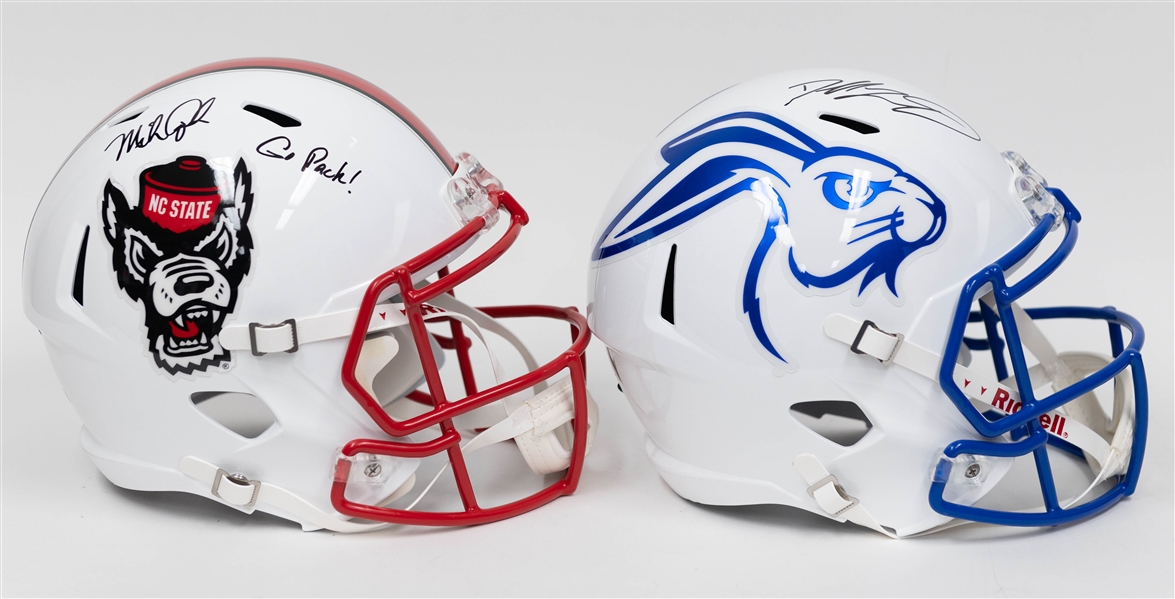 Lot of (2) Autographed/Signed Full Size College Replica Riddell Speed Helmets inc. Mike Quick & Dallas Goedert. 