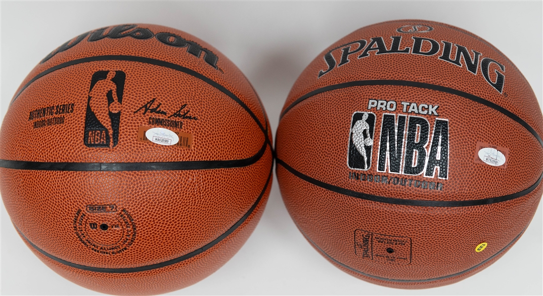 Lot of (2) Autographed/Signed Full Size Authentic Basketballs inc. Michael Cooper & Mugsey Bogues w. JSA COA!